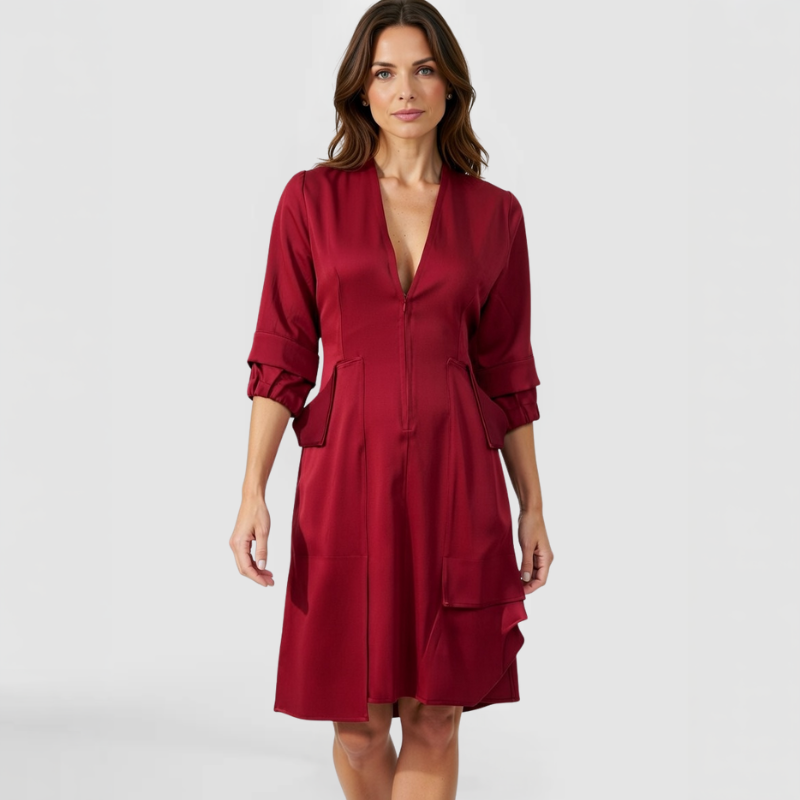 A female model wearing the SWABY Wendi Dress in burgundy, featuring a wrap silhouette with deep V-neck, cascading peplum flaps, three-quarter sleeves, and hand in pocket. Front view. No sash.