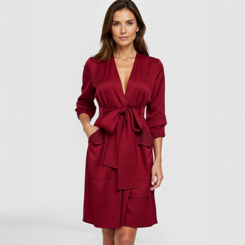 A female model wearing the SWABY Wendi Dress in burgundy, featuring a wrap silhouette with deep V-neck, oversized bow sash at waist, cascading peplum flaps, three-quarter sleeves, and hand in pocket. Front view.