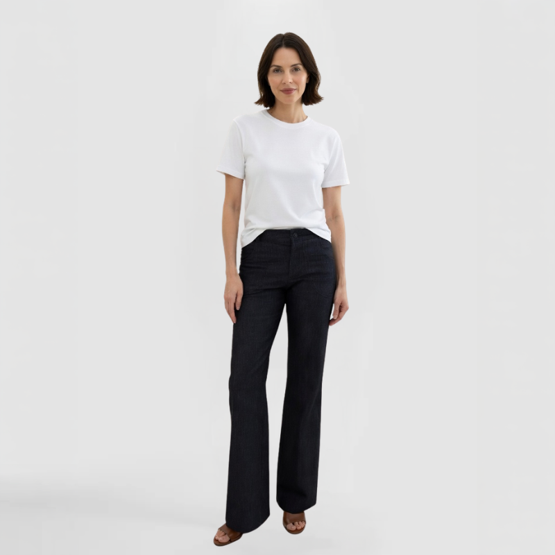 SWABY Wide Leg Jeans as shown on a fashion model who is wearing a white t-shirt, showing how casual yet classy these jeans can be. Available in navy, black and gray. Exclusively by SWABY - a Chicago Fashion Designer & New York Fashion Designer.