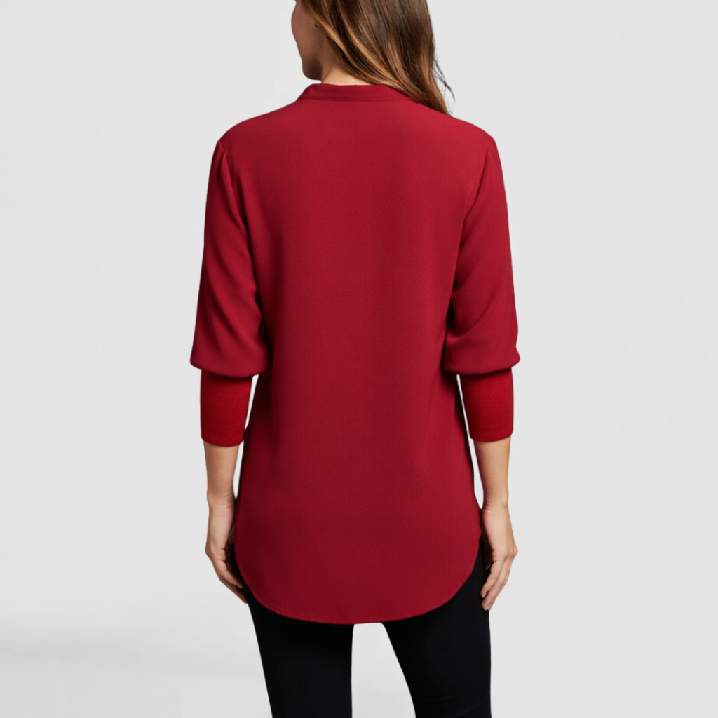 The Sasha Top - shown from the back, by Fashion Designer SWABY.  A beautiful luxurious Georgette top with draping sashes at neckline. Zipper closure and darts in back