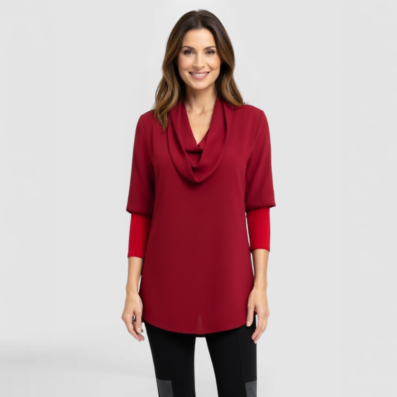 The Sasha Top, by Chicago Fashion Designer SWABY, shown here in red.  Beautiful luxurious Georgette top with draping sashes at neckline. Zipper closure and darts in back