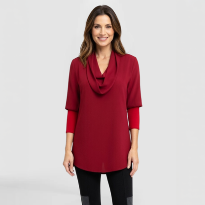 The Sasha Top, by Chicago Fashion Designer SWABY, shown here in red.  Beautiful luxurious Georgette top with draping sashes at neckline. Zipper closure and darts in back