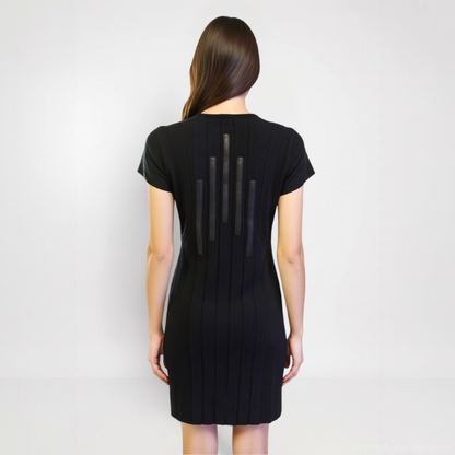 SWABY Black Trinity Dress with unique back design worn by a model on a white background