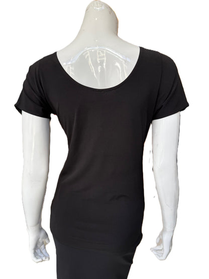 Back view of charcoal blouse showing soft jersey construction and cap sleeve design with comfortable fit and clean line