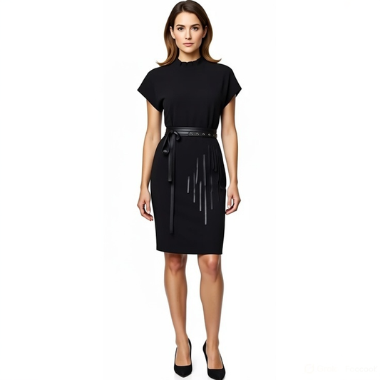 A female model poses in a SWABY black knit dress - part of the Ready to Wear collection.  A complimentary black belt, also created by SWABY, defines an added chic look.