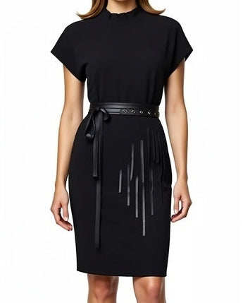 A close up view of the SWABY black knit dress - part of the Ready to Wear collection.