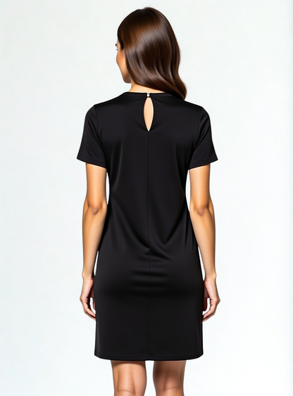 A SWABY model poses facing away from the camera in a black stretch crepe dress - simple clasp at the neck