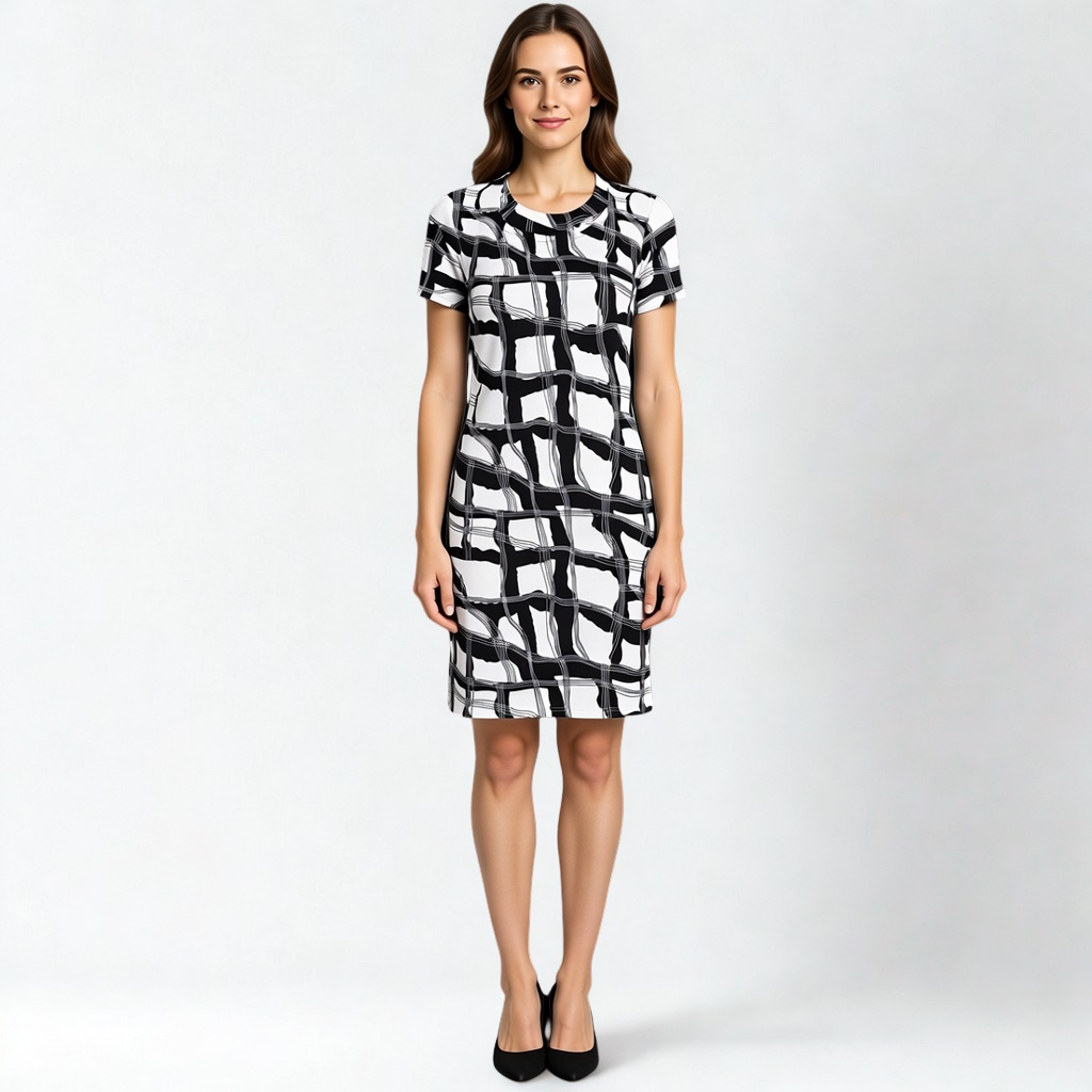 A SWABY model poses in a distinctive  black and white patterned dress, knee-length and short sleeves
