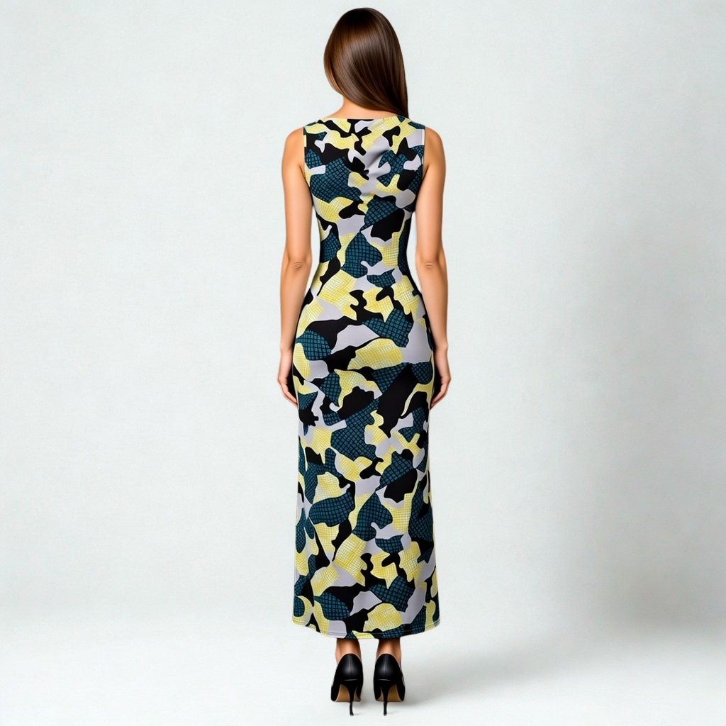 SWABY model posing, facing away from the camera, in a stunning abstract maxi dress, featuring gray, black, green and yellow designs