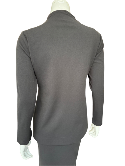 Back view of charcoal knit crepe lapel jacket showing contemporary tailoring and clean lines in premium fabric construction