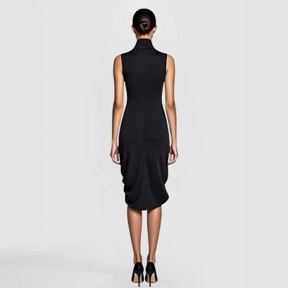 A  back view of a model posing n the Zillo Dress - a black sleeveless dress with a draped front and turtle neck collar