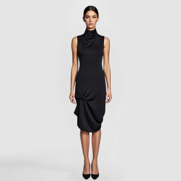 A model poses in the Zillo Dress - a black sleeveless dress with a draped front 