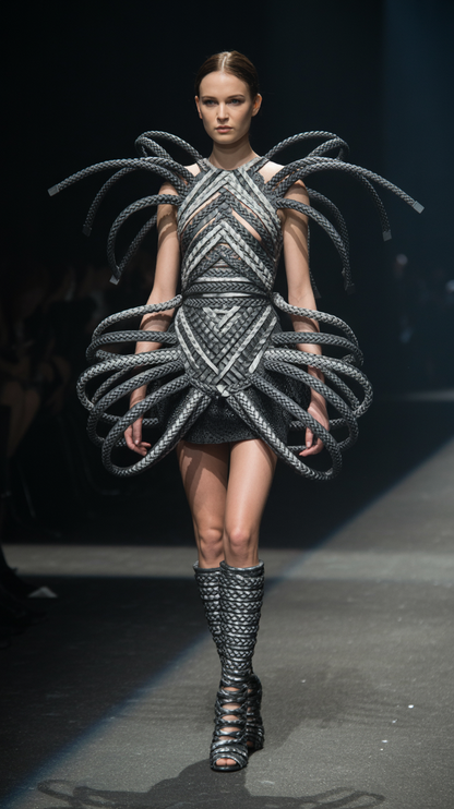 A fashion model wearing a couture Braided Opulent dress with large, knotted elements on a runway.  See more at the SWABY Braided Opulent  event for Chicago Fashion Week 2025.