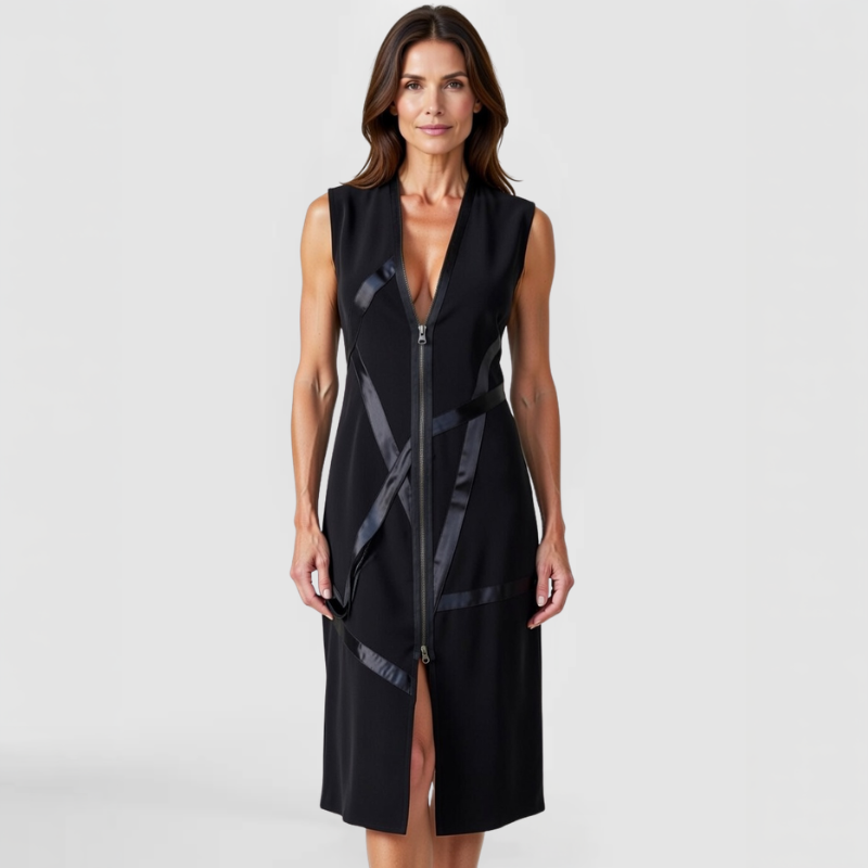 A SWABY Brixton Dress as worn by a runway fashion model. This sleek zipper dress can be worn as is or as a jacket.