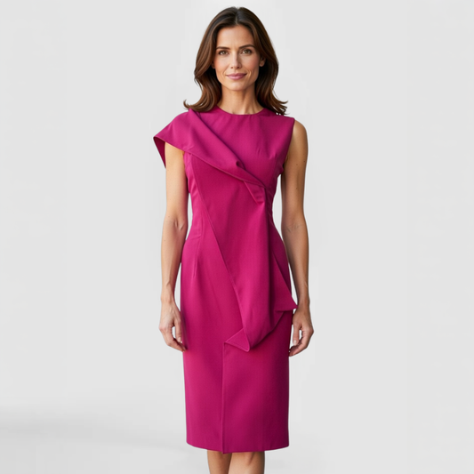 Front view of the SWABY Dylin Dress in fuchsia on a fashion model - cross body drape symbolizing regal chic.