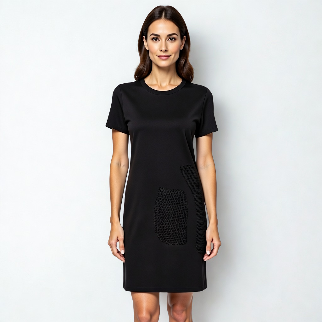 A SWABY model poses in a black stretch crepe dress with a textured pocket on a white background