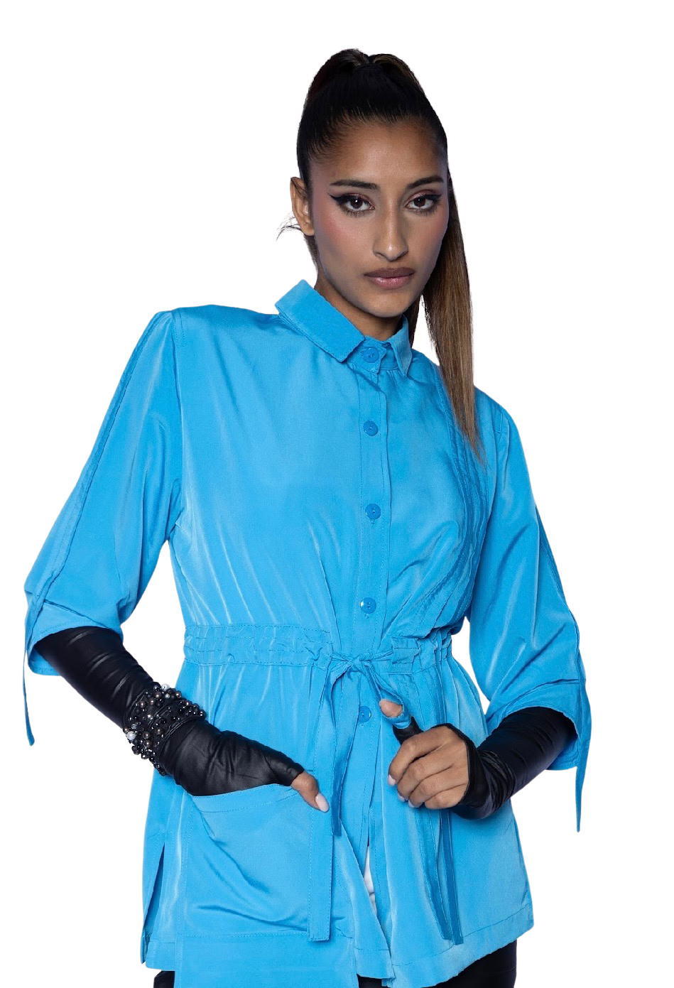 Model wearing aqua blue Molli Top drawstring blouse with black leather opera gloves, showing sophisticated styling and tailored waist silhouette