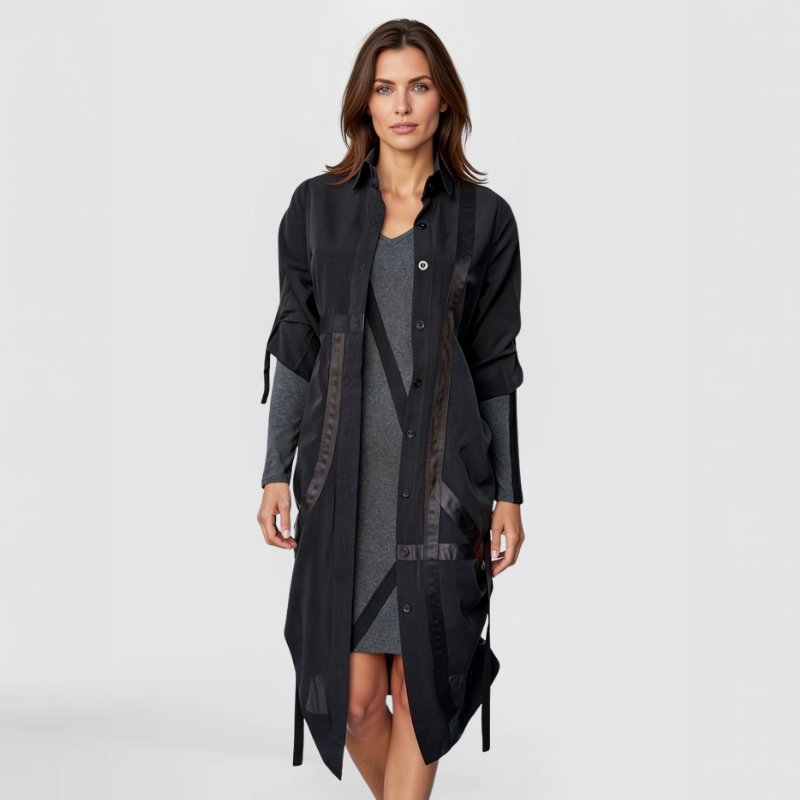 This fashion model demonstrates the Nyson w/s Dress worn as a jacket, over a SWABY long sleeve dress. The Nyson w/s Dress is versatile, functional and distinctive.