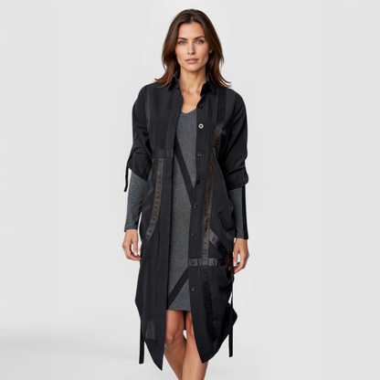 This fashion model demonstrates the Nyson w/s Dress worn as a jacket, over a SWABY long sleeve dress. The Nyson w/s Dress is versatile, functional and distinctive.