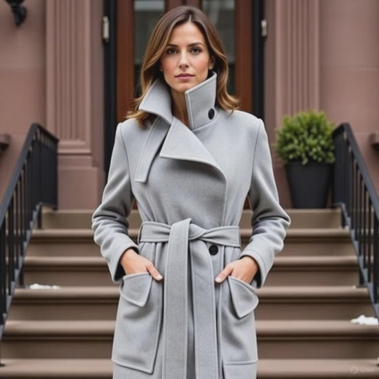 Short video clip of a fashion model posing in a SWABY Elyse Coat in winter in front of a brownstone house in an urban area reminiscent of Chicago or New York City