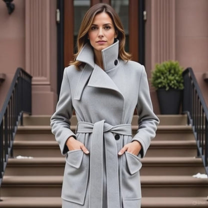 Short video clip of a fashion model posing in a SWABY Elyse Coat in winter in front of a brownstone house in an urban area reminiscent of Chicago or New York City