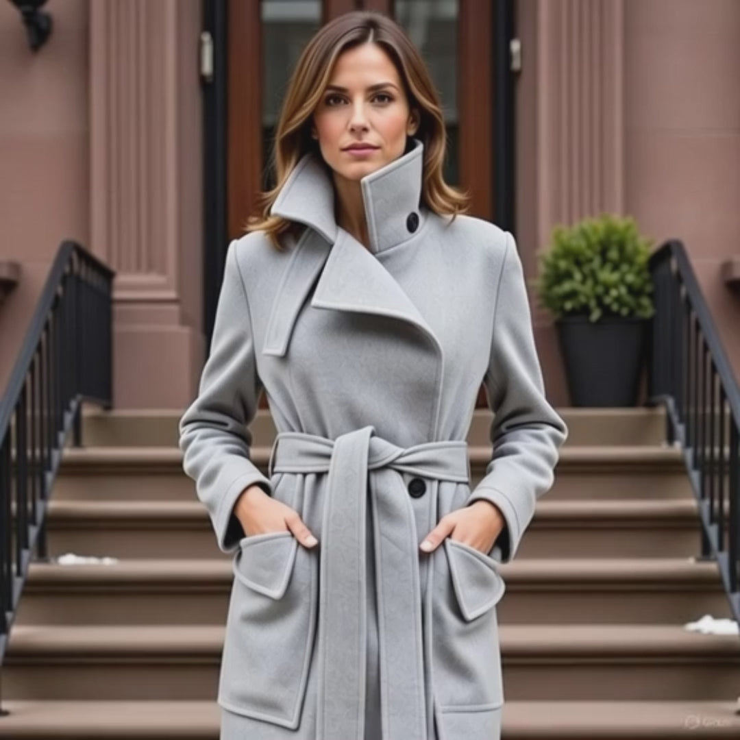 Short video clip of a fashion model posing in a SWABY Elyse Coat in winter in front of a brownstone house in an urban area reminiscent of Chicago or New York City