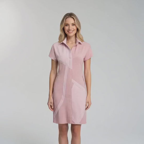 A video showcasing the Shernett No. 5, from SWABY's Name Sake Dress Capsule Collection.  Shown in blush color in several poses by a blonde fashion model.