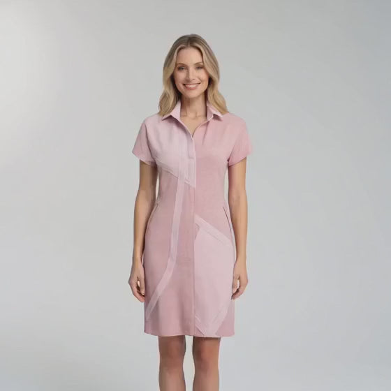 Load video: A video showcasing the Shernett No. 5, from SWABY's Name Sake Dress Capsule Collection.  Shown in blush color in several poses by a blonde fashion model.