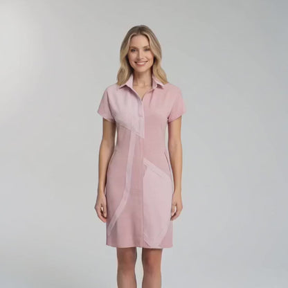 A video showcasing the Shernett No. 5, from SWABY's Name Sake Dress Capsule Collection.  Shown in blush color in several poses by a blonde fashion model.