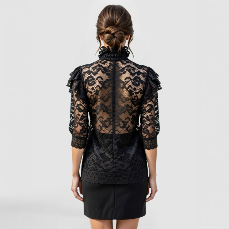 Rear view of model in SWABY Shelby Top in black featuring sheer lace sleeves and high ruffled neck; smooth fit through the back with delicate lace texture, emphasizing soft stretch fabric and refined design details.