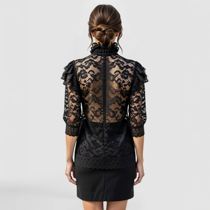 Rear view of model in SWABY Shelby Top in black featuring sheer lace sleeves and high ruffled neck; smooth fit through the back with delicate lace texture, emphasizing soft stretch fabric and refined design details.