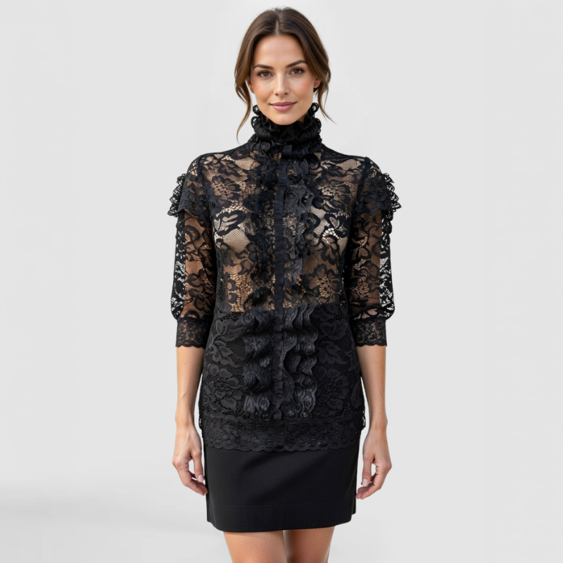 Front view of model wearing SWABY Shelby Top in black; high ruffled neckline, sheer floral lace long sleeves, structured body with lace overlay and ruffle detailing for luxurious, feminine comfort and understated elegance.