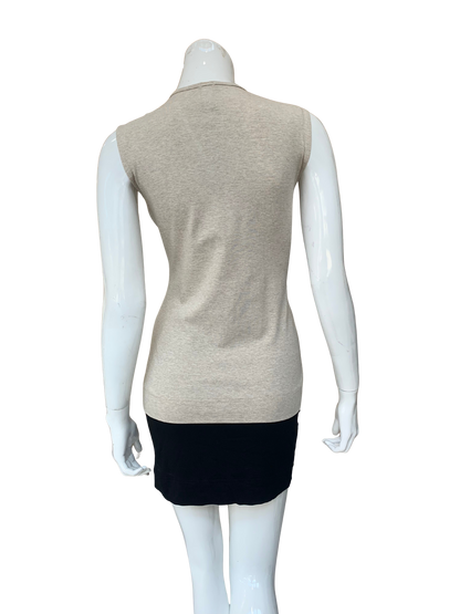 Rear view of a sophisticated sleeveless v-neck top in soft rayon Lycra knit demonstrating refined professional and everyday versatility